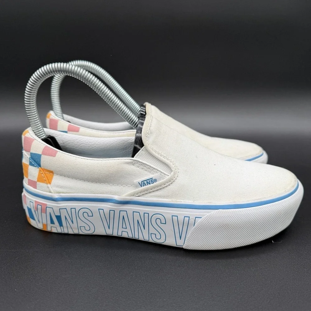 Vans Classic Slip-On Womens‎ Size 6 White Stitch Canvas Checkered Heel Shoes